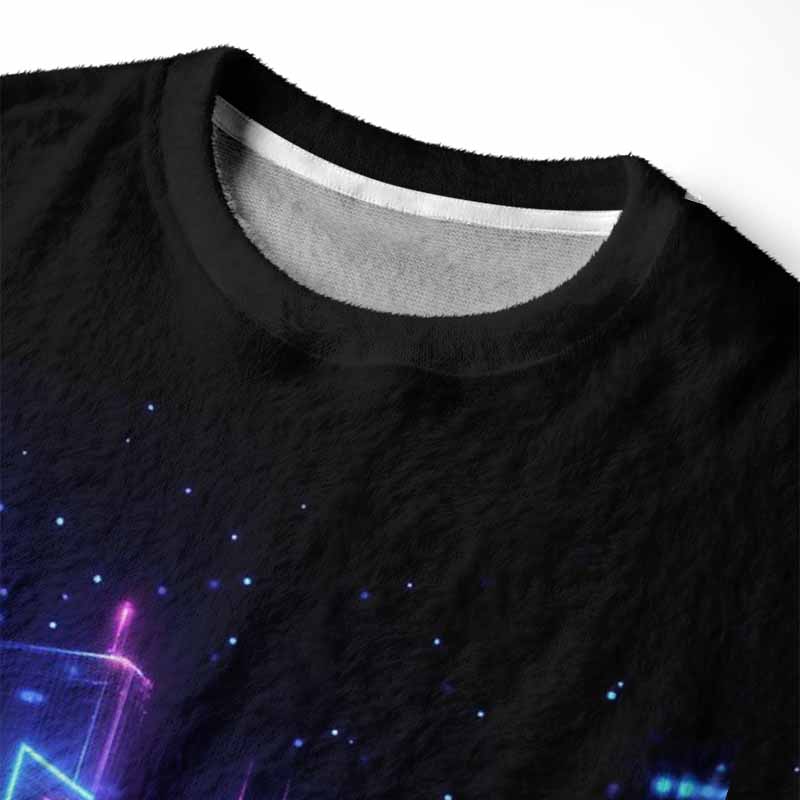 Soulisfree Neon Cyberpunk City Skyline Fuzzy Crewneck Sweater