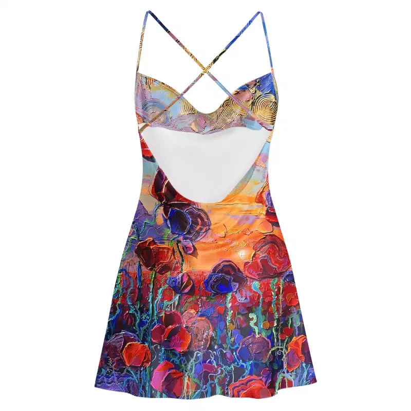 Soulisfree Impasto Poppy Field  Cowl Neck Satin Mini Dress