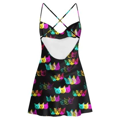 Soulisfree Glitch Art Neon Cat Cowl Neck Satin Mini Dress