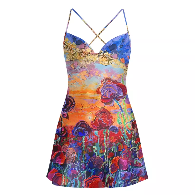Soulisfree Impasto Poppy Field  Cowl Neck Satin Mini Dress