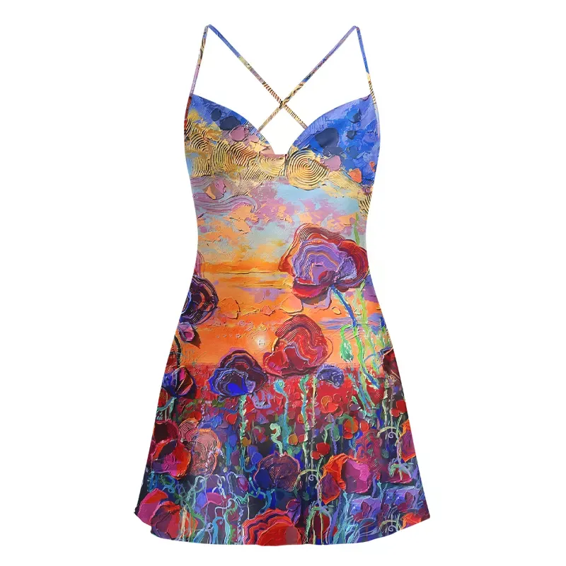 Soulisfree Impasto Poppy Field Cowl Neck Satin Mini Dress