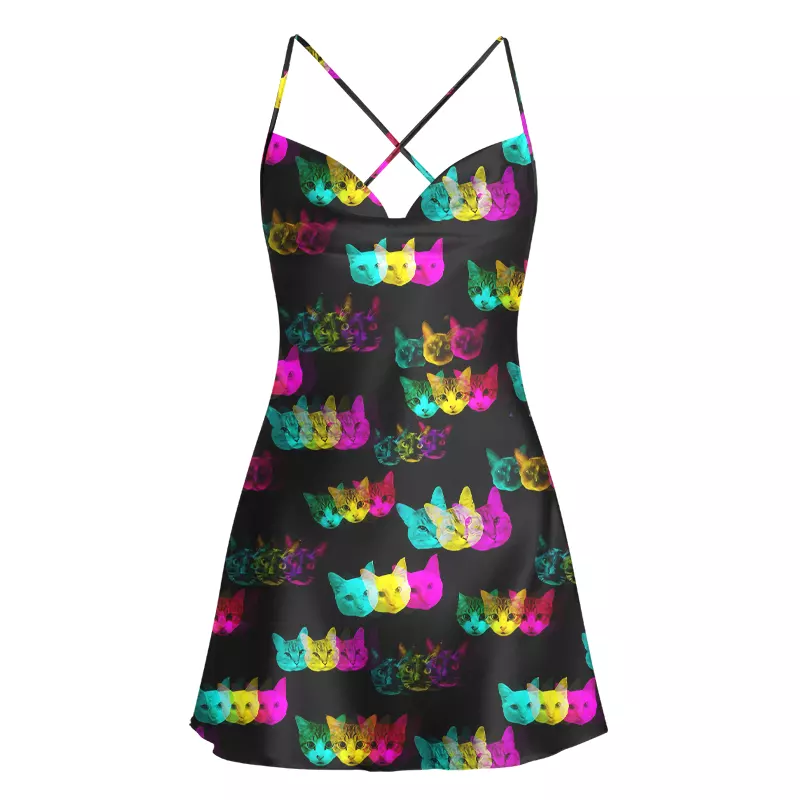 Soulisfree Glitch Art Neon Cat Cowl Neck Satin Mini Dress