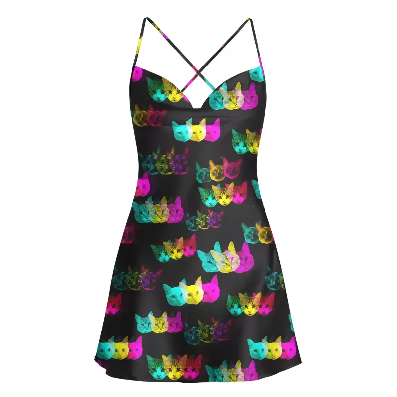 Soulisfree Glitch Art Neon Cat Cowl Neck Satin Mini Dress