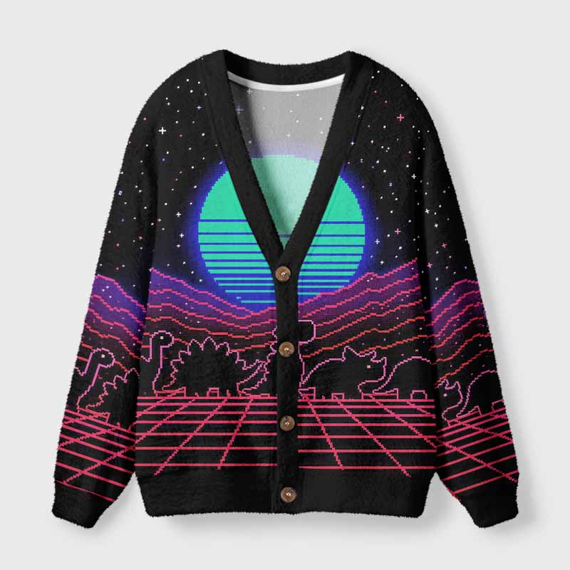 Soulisfree Retrowave Pixel Dinosaur Neon Sunset Fuzzy Cardigan Sweater 