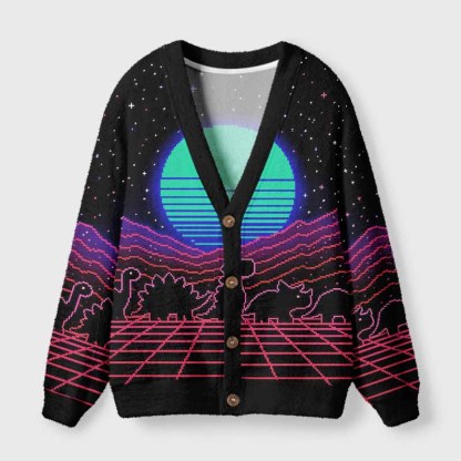 Soulisfree Retrowave Pixel Dinosaur Neon Sunset Fuzzy Cardigan Sweater 