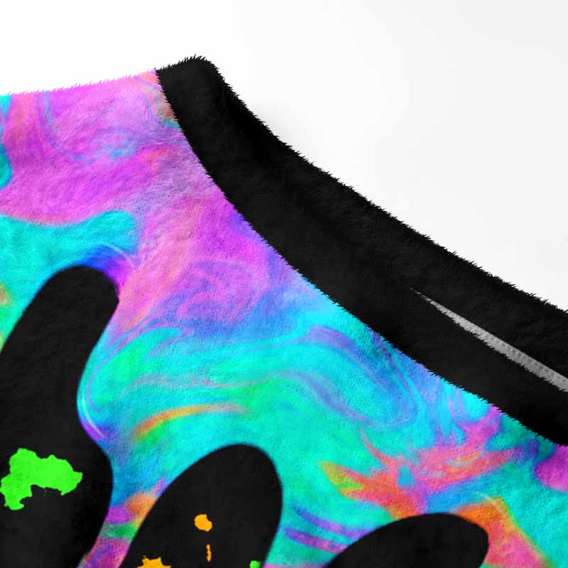 Soulisfree Neon Drip Galaxy with Floating Handprints Women's Fuzzy Crewneck Sweater