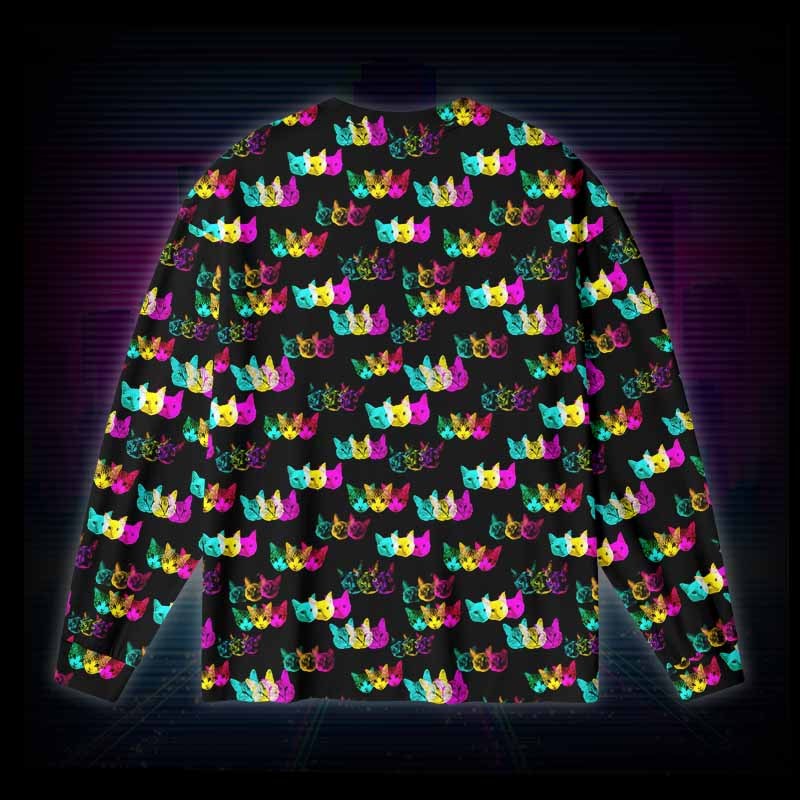 Soulisfree Glitch Art Neon Cat Long Sleeve Cotton Tee