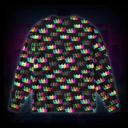 Soulisfree Glitch Art Neon Cat Long Sleeve Cotton Tee