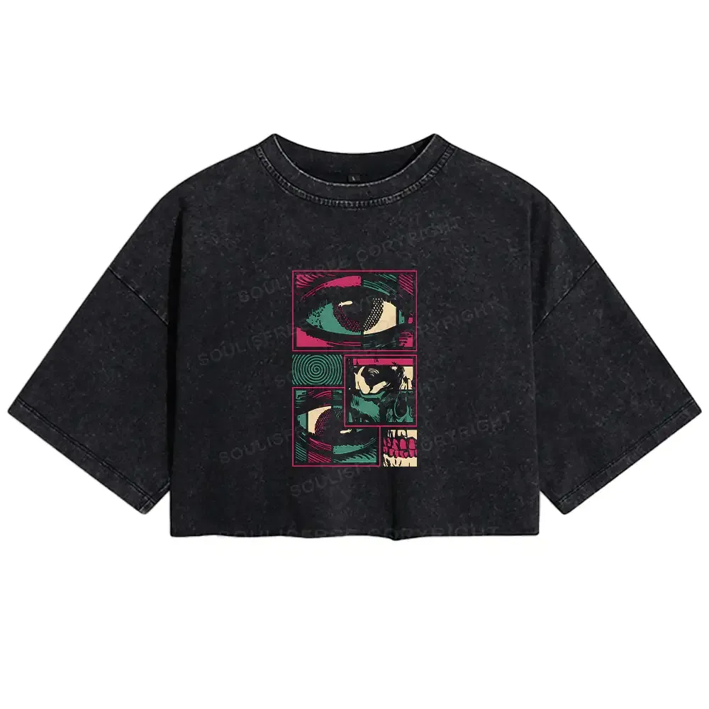 Designed Facial Fragments Washed Crop T-shirt