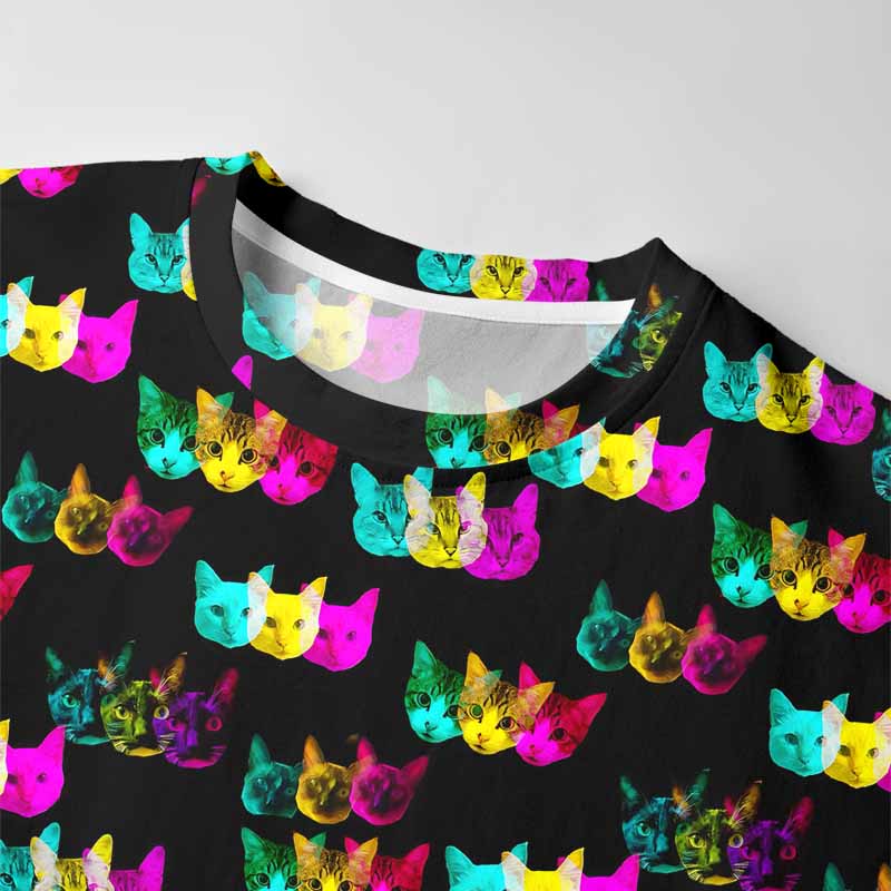 Soulisfree Glitch Art Neon Cat Long Sleeve Cotton Tee