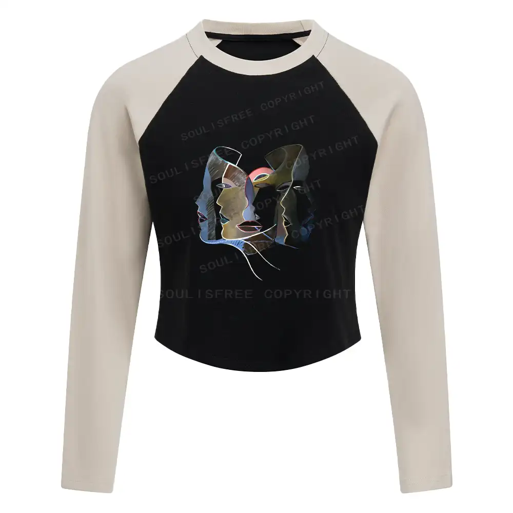 Layers of Masks Block Raglan Long Sleeve Crop Top