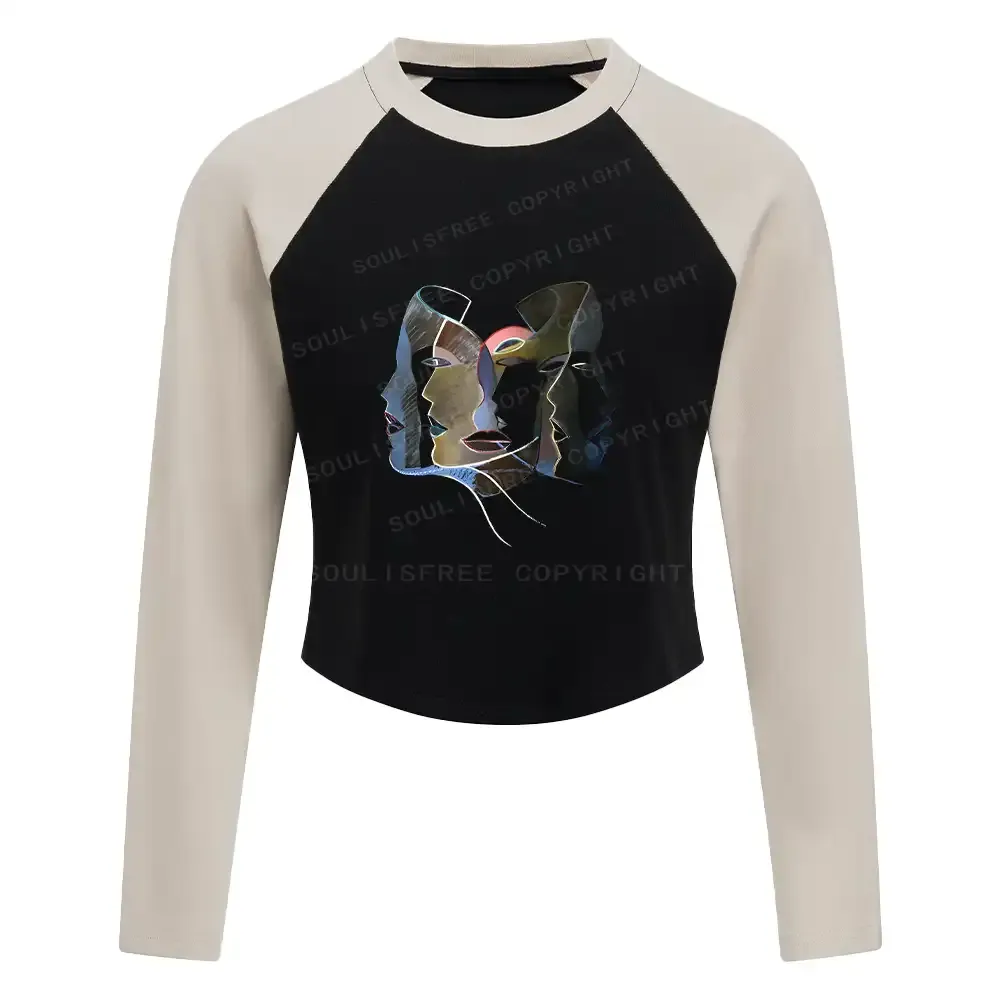 Designed Layers of Masks Block Raglan Long Sleeve Crop Top