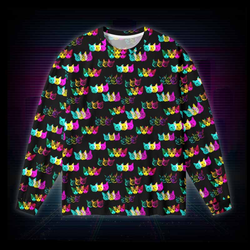 Soulisfree Glitch Art Neon Cat Long Sleeve Cotton Tee