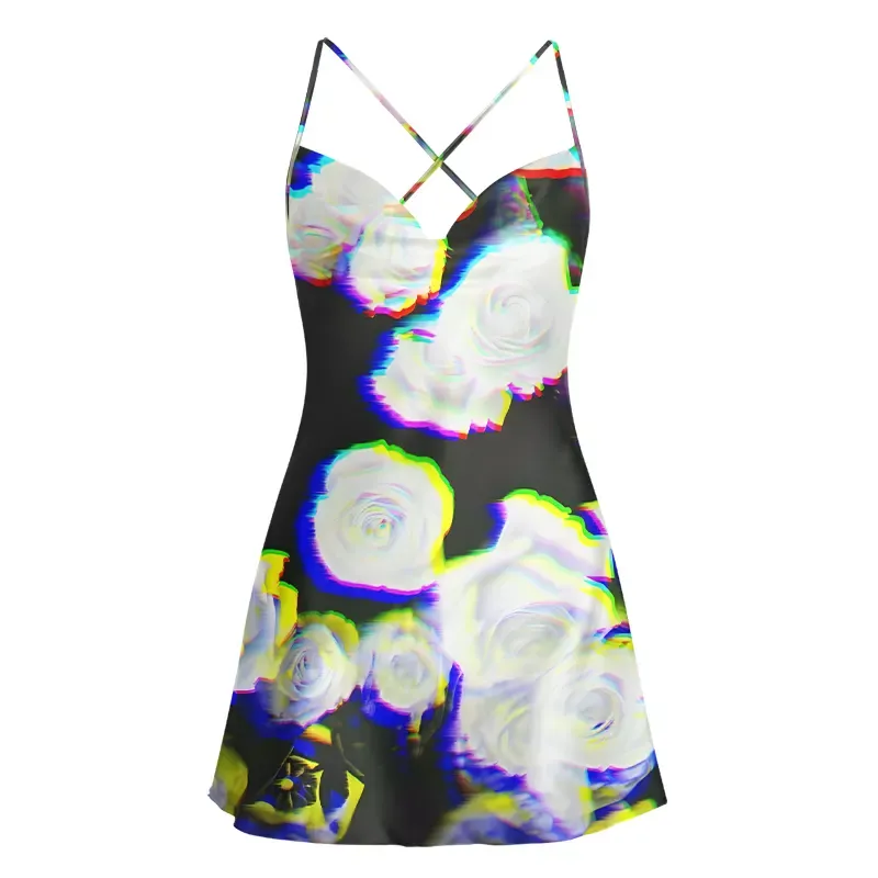Soulisfree Rave Glitch Floral Cowl Neck Satin Mini Dress