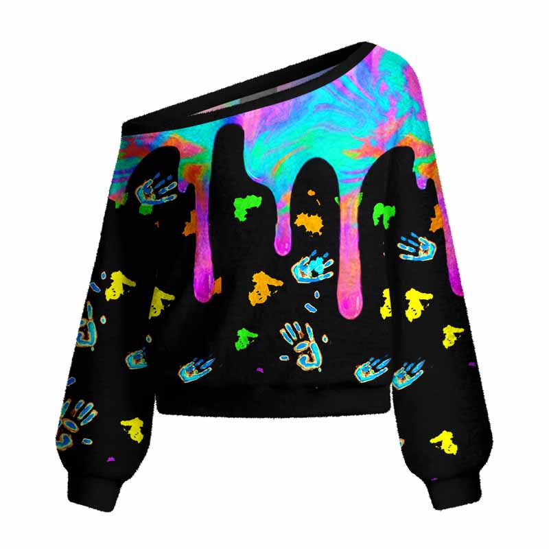 Soulisfree Neon Drip Galaxy with Floating Handprints Women's Fuzzy Crewneck Sweater
