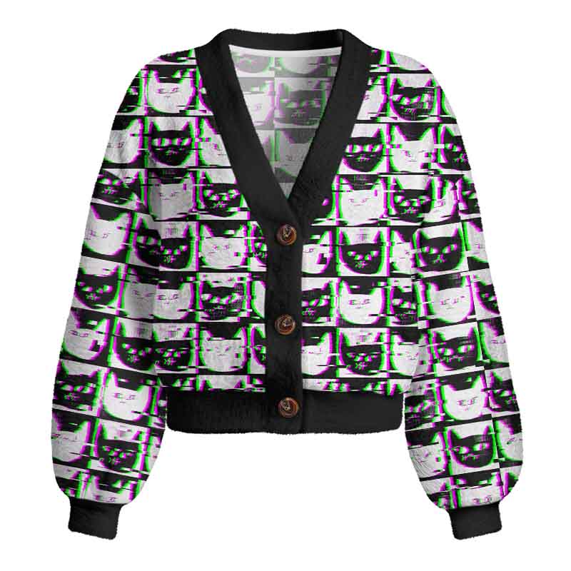 Soulisfree  Neon Glitch Cat  Women's Fuzzy Cardigan Sweater