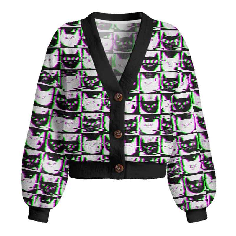 Soulisfree Neon Glitch Cat Women's Fuzzy Cardigan Sweater