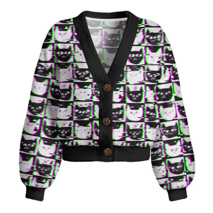 Soulisfree  Neon Glitch Cat  Women's Fuzzy Cardigan Sweater
