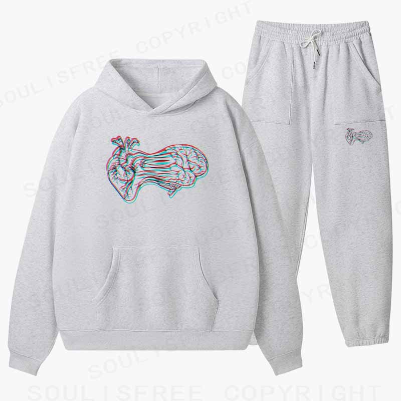 Soulisfree Heart to Brain Connection Glitch Cotton Fleece Hoodie Set