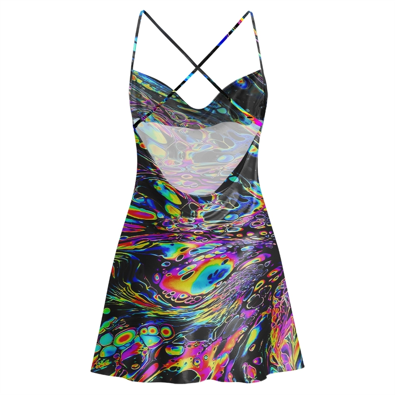 Soulisfree Acid Marble Vortex  Cowl Neck Satin Mini Dress