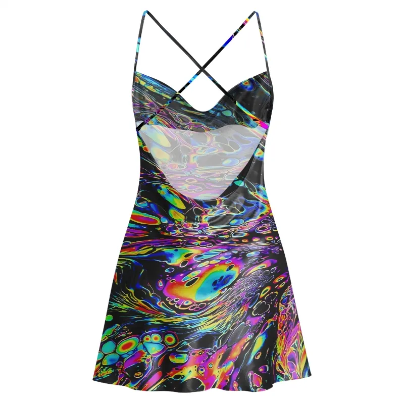 Soulisfree Acid Marble Vortex  Cowl Neck Satin Mini Dress