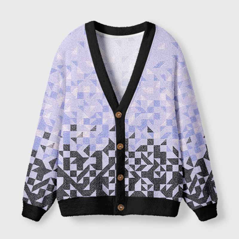 Soulisfree Gradient Mosaic Geometric  Fuzzy Cardigan Sweater 