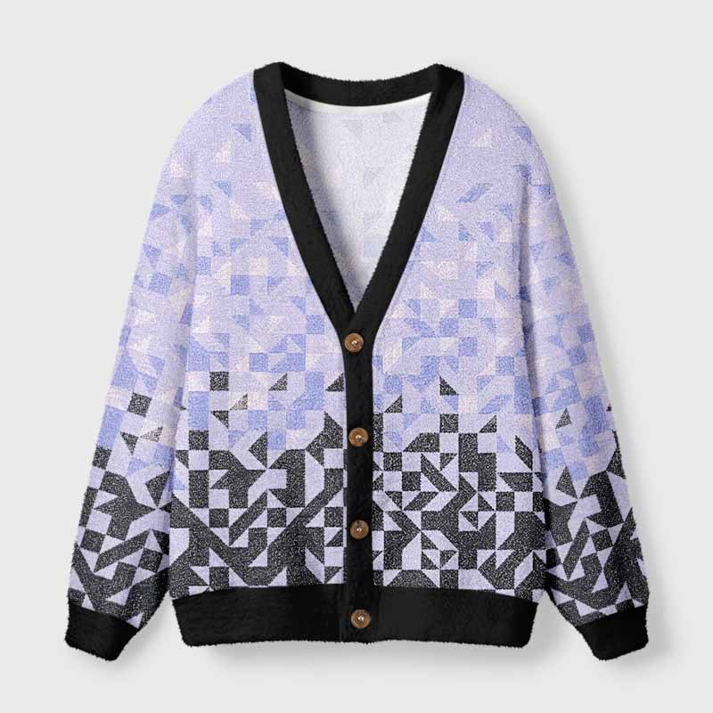 Soulisfree Gradient Mosaic Geometric Fuzzy Cardigan Sweater