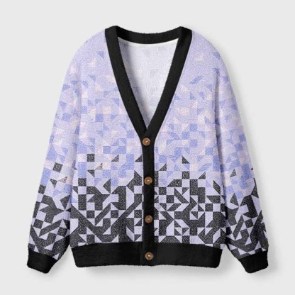 Soulisfree Gradient Mosaic Geometric  Fuzzy Cardigan Sweater 