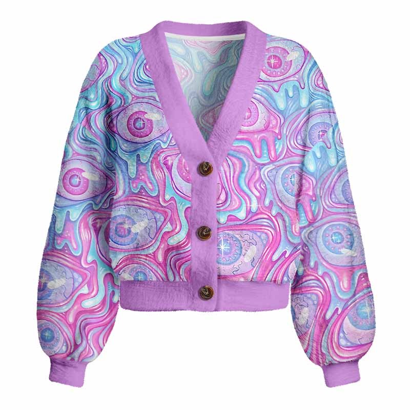 Soulisfree Pastel Flow Ocular Women's Fuzzy Cardigan Sweater