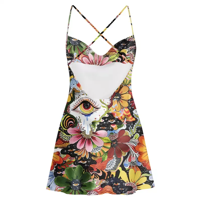 Soulisfree A Psychedelic Garden Adventure  Cowl Neck Satin Mini Dress