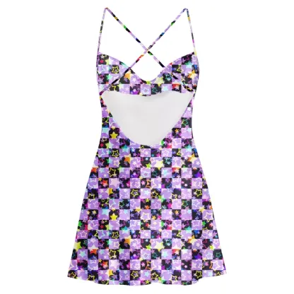 Soulisfree Lavender Neon Star Cowl Neck Satin Mini Dress