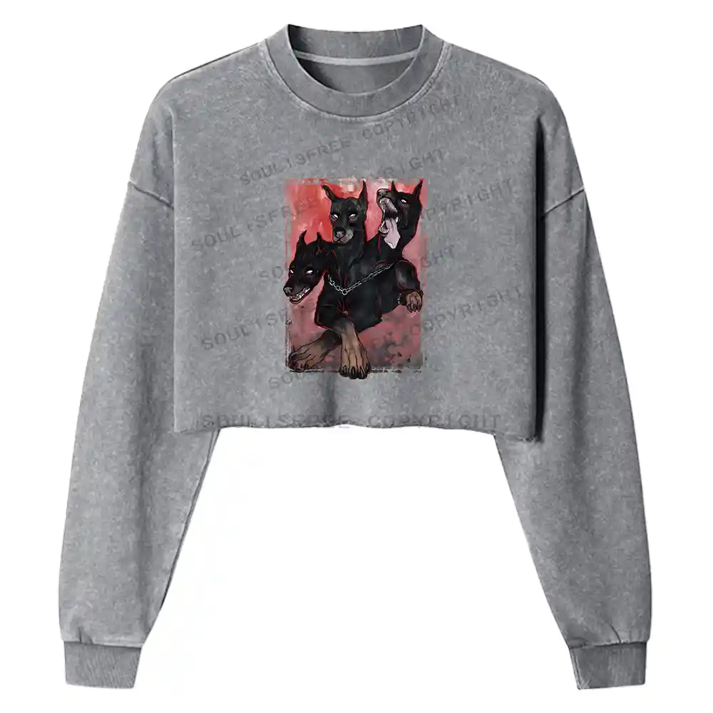 Doberman In The Dark Washed Cropped Sweatshirt