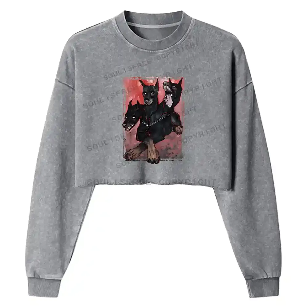 Doberman In The Dark Washed Cropped Sweatshirt