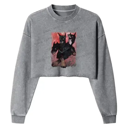 Doberman In The Dark Washed Cropped Sweatshirt