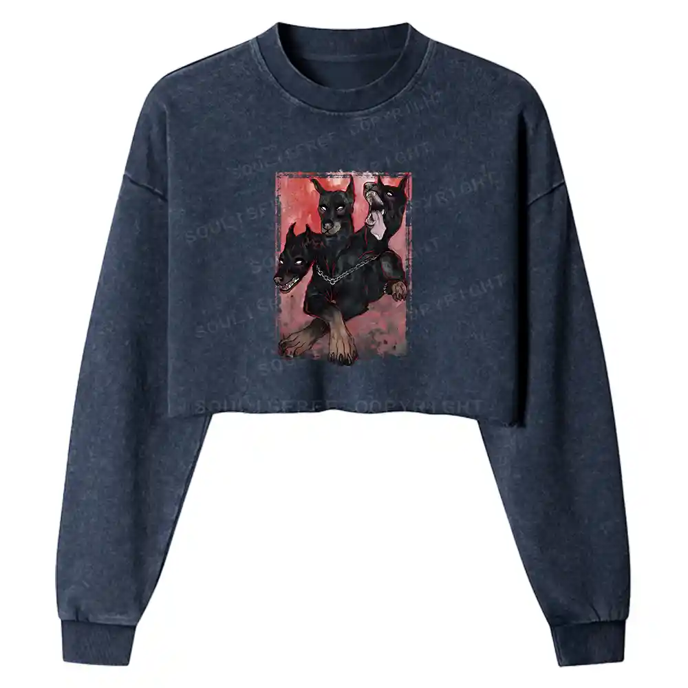 Doberman In The Dark Washed Cropped Sweatshirt