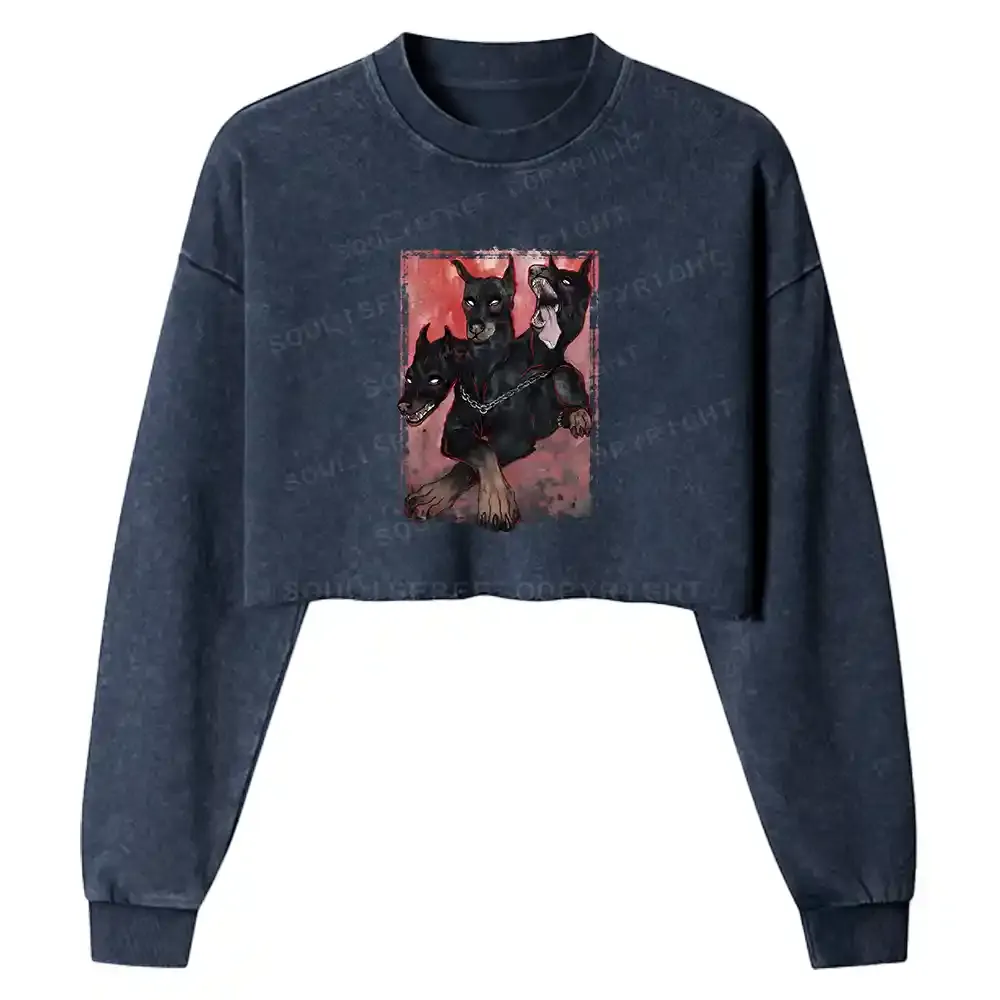 Doberman In The Dark Washed Cropped Sweatshirt