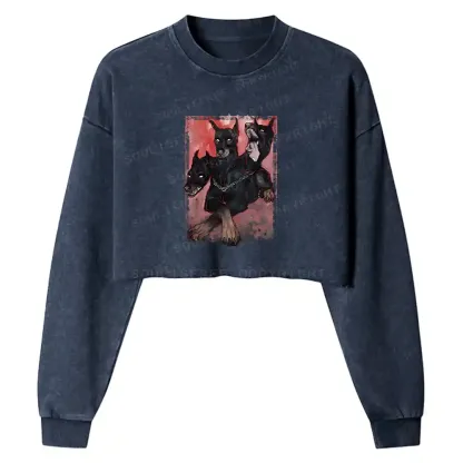 Doberman In The Dark Washed Cropped Sweatshirt