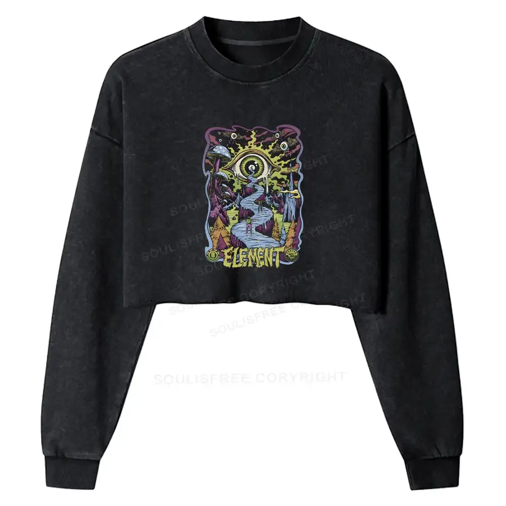 Designed Psychedelic Elements Washed Cropped Sweatshirt
