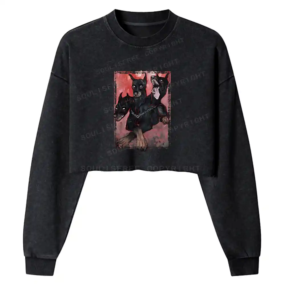 Doberman In The Dark Washed Cropped Sweatshirt