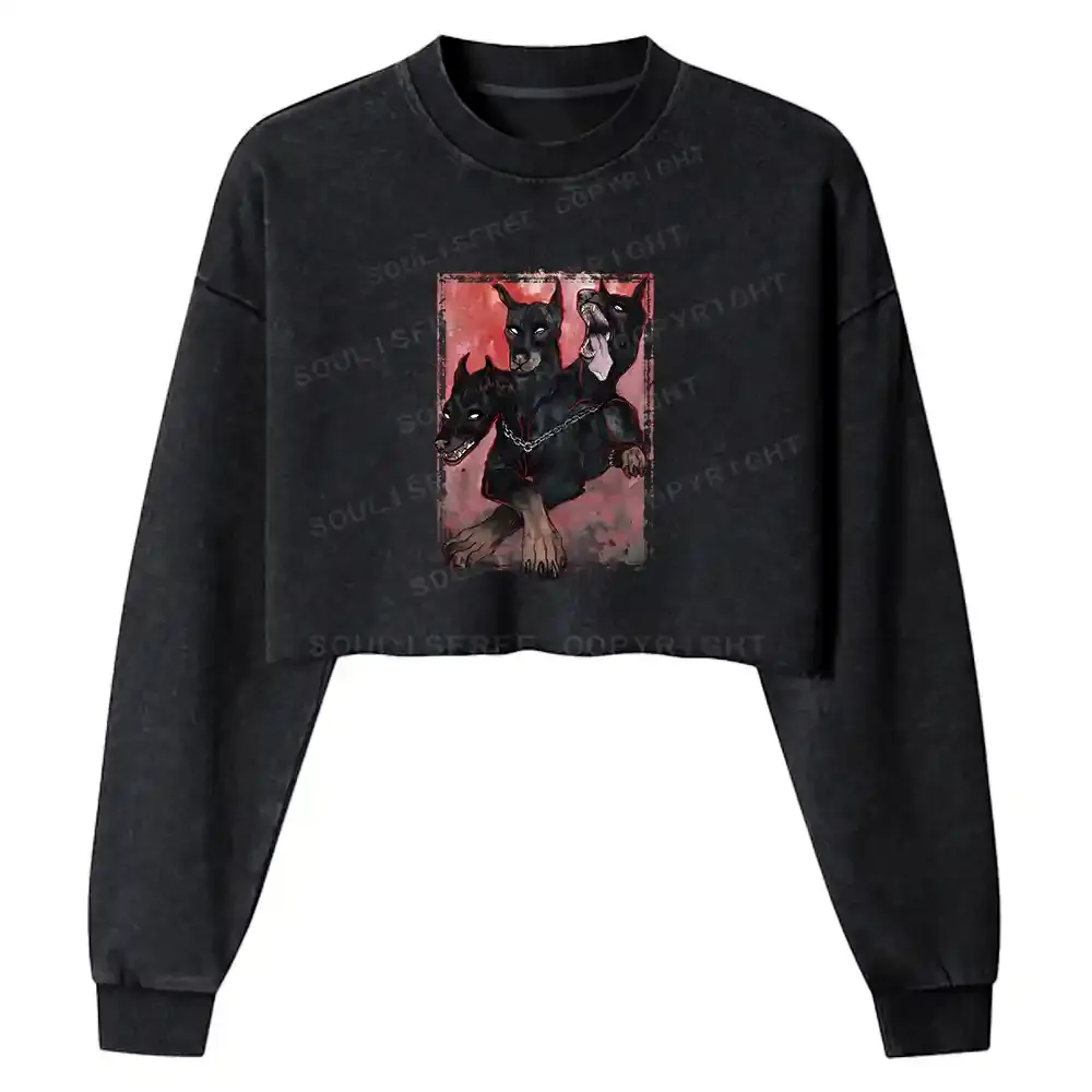 Doberman In The Dark Washed Cropped Sweatshirt