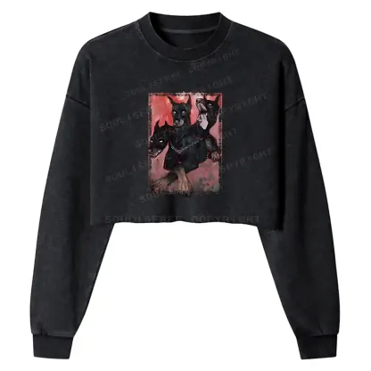Doberman In The Dark Washed Cropped Sweatshirt