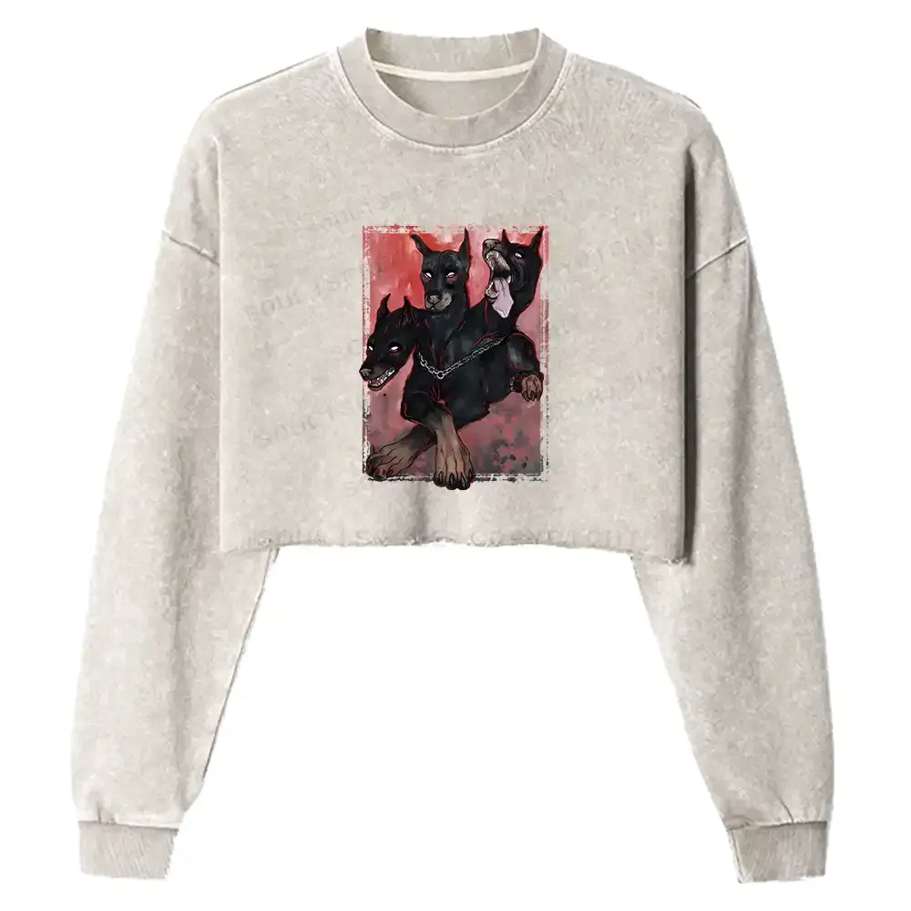 Doberman In The Dark Washed Cropped Sweatshirt