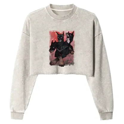 Doberman In The Dark Washed Cropped Sweatshirt