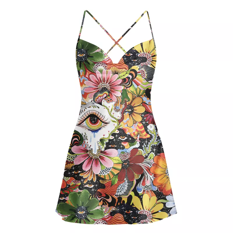 Soulisfree A Psychedelic Garden Adventure  Cowl Neck Satin Mini Dress
