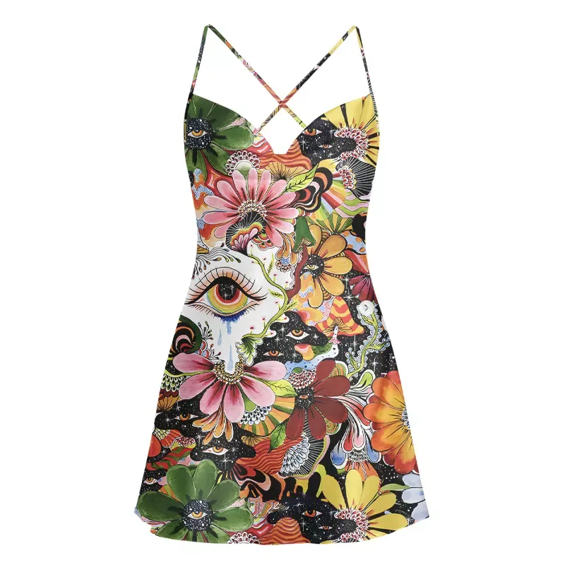 Soulisfree A Psychedelic Garden Adventure Cowl Neck Satin Mini Dress