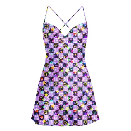 Soulisfree Lavender Neon Star Cowl Neck Satin Mini Dress