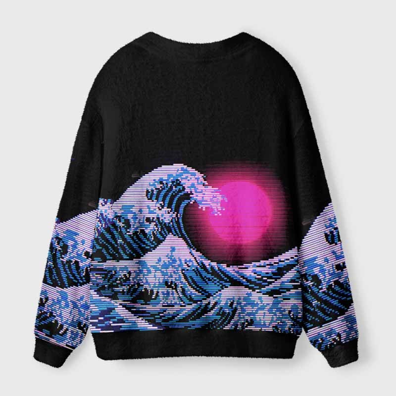Soulisfree Vaporwave Aesthetic Great Wave Off Kanagawa Fuzzy Cardigan Sweater