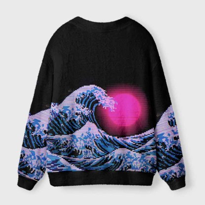 Soulisfree Vaporwave Aesthetic Great Wave Off Kanagawa Fuzzy Cardigan Sweater