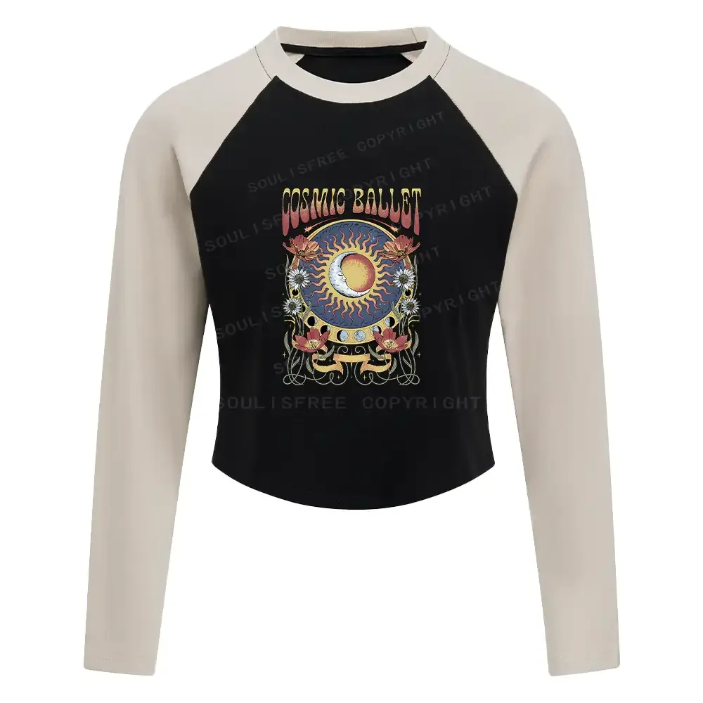 Designed Psychedelic Ballet Block Raglan Long Sleeve Crop Top