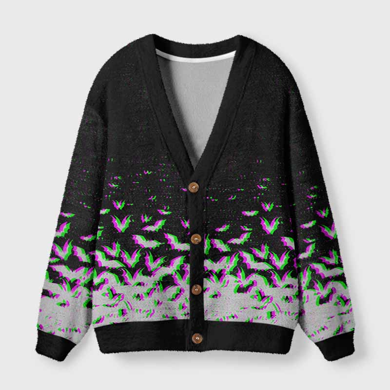 Soulisfree Vaporwave Flying Bats  Fuzzy Cardigan Sweater 